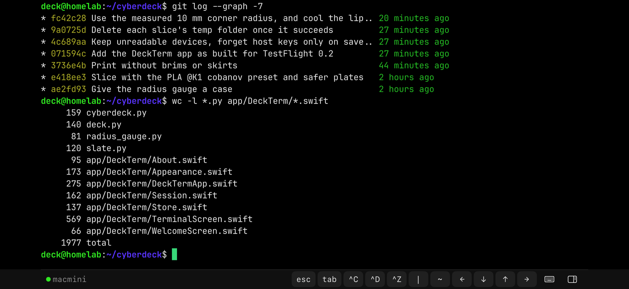 DeckTerm in landscape: a shell session fills the screen, with a thin row of keys along the bottom.